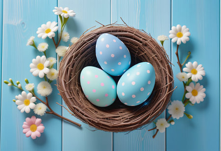 easter eggs in basket on wood floorの素材