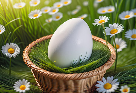 white egg in basket forest backgroundの素材