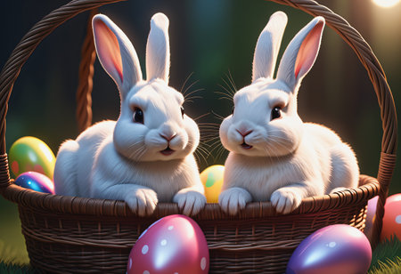 Rabbit sits in easter eggs basketの素材