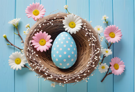 easter eggs in basket on wood floorの素材