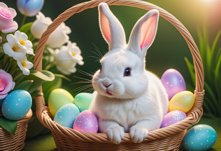 Rabbit sits in easter eggs basketの素材