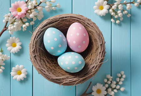 easter eggs in basket on wood floorの素材