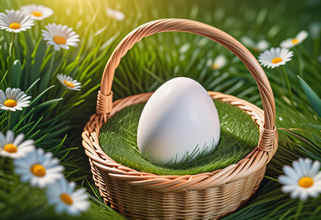 white egg in basket forest backgroundの素材