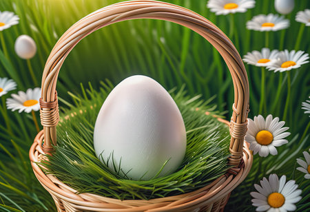white egg in basket forest backgroundの素材
