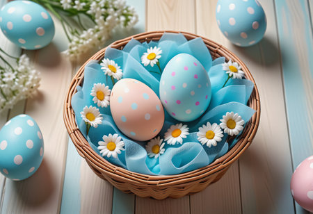 easter eggs in basket on wood floorの素材