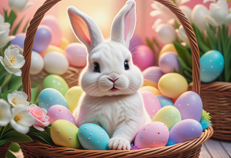 Rabbit sits in easter eggs basketの素材