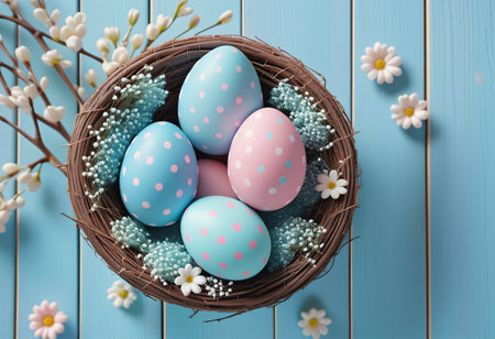 easter eggs in basket on wood floorの素材