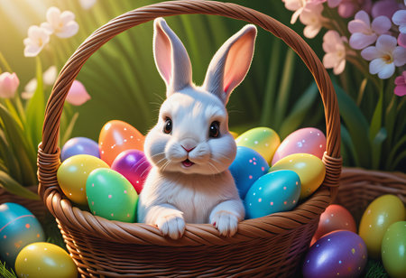 Rabbit sits in easter eggs basketの素材