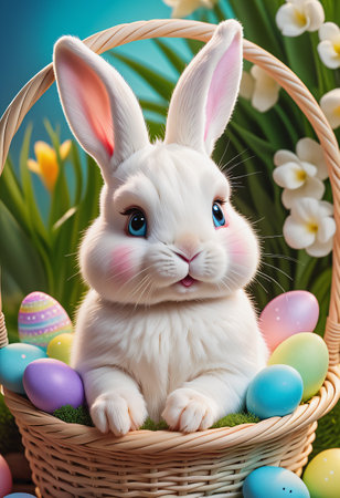 Rabbit sits in easter eggs basketの素材