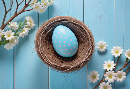 easter eggs in basket on wood floorの素材
