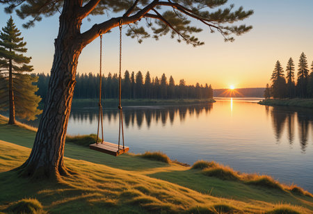 A wooden swing hanging under a pine treeの素材