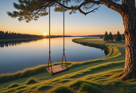 A wooden swing hanging under a pine treeの素材