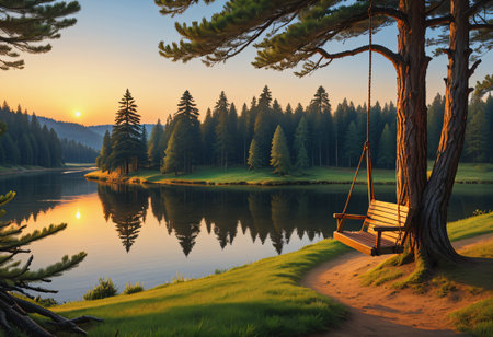 A wooden swing hanging under a pine treeの素材