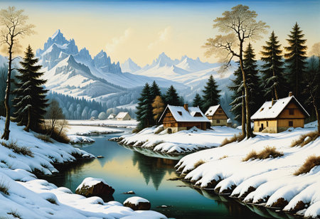 Winter landscape of mountains and riversの素材