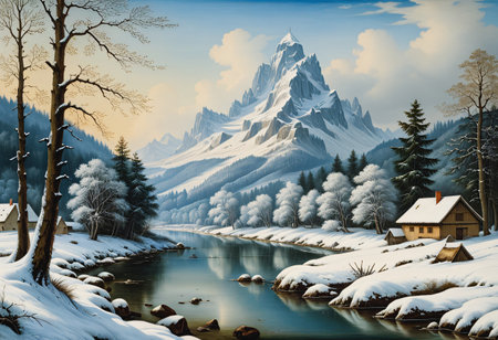 Winter landscape of mountains and riversの素材
