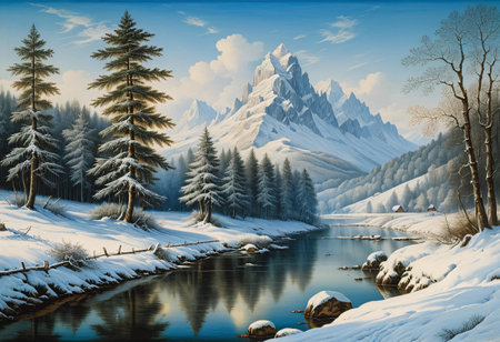 Winter landscape of mountains and riversの素材
