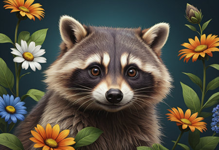 Raccoon with flowerの素材