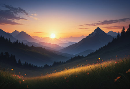 mountain meadow in eveningの素材