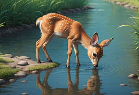 Deer drinking water from the streamの素材