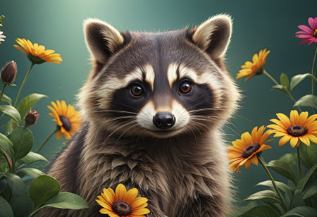 Raccoon with flowerの素材