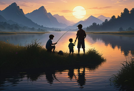 Silhouette of a fisherman catching fish in the eveningの素材