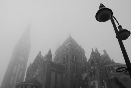 Street lamp in front of a churchの写真素材