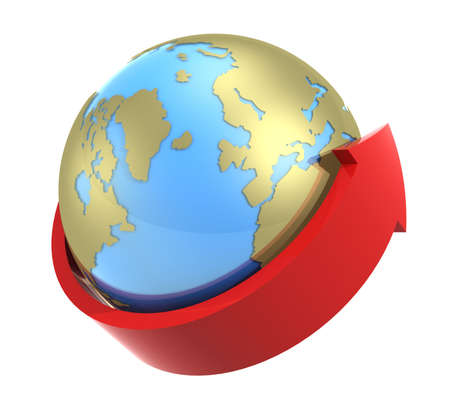 3-d model of a red arrow bending around the globe counter-clockwiseの写真素材