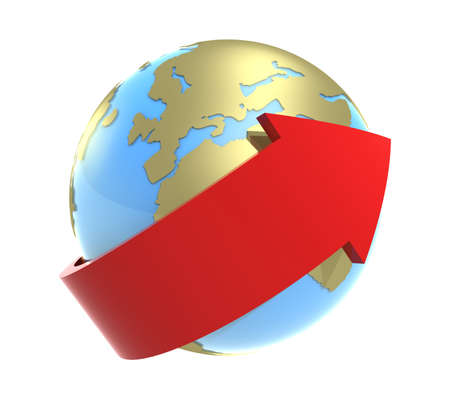 3-d model of a red arrow bending around the globe counter-clockwiseの写真素材