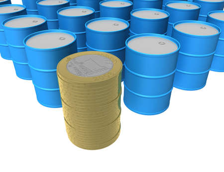 Three-dimensional model - a coins of denomination of one barrel. The pile of coins is similar on a flank. Beside - a little flanks with petroleum.の写真素材