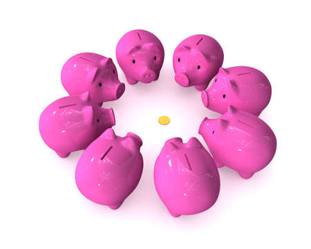 Three-dimensional image - piggy banks have surrounded one coin.の写真素材