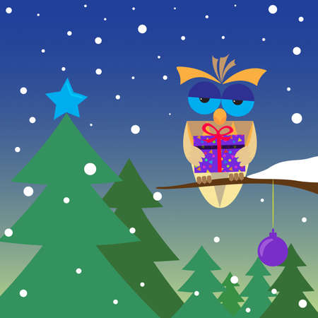 The owl sits on a branch of a tree and holds a gift in pawsのイラスト素材