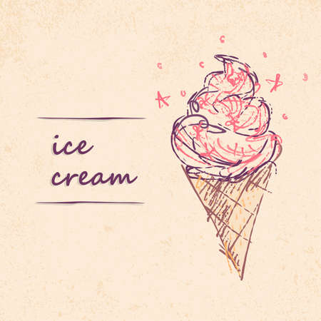 Ice cream cone illustration, doodle on a grunge backgroundのイラスト素材