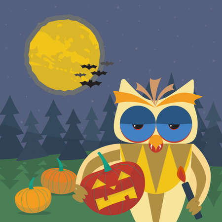 Halloween illustration with smiling owl with a pumpkin in his paws. Owl's beak with vampire fangs. Dark forest, pumpkins, bats and the moon on a background of the starry skyのイラスト素材