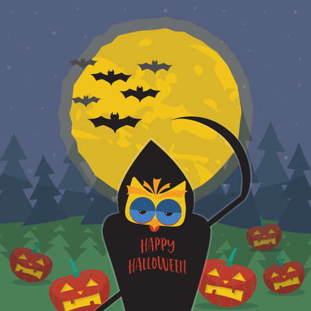 Halloween illustration with owl in the image of death with a scythe. Dark forest, pumpkins, bats and the moon on a background of the starry skyのイラスト素材