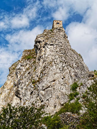 Ruins of the castle Devin located near Bratislava, Slovakia. View from below through the leaves of the surviving tower. Vertical imageの写真素材