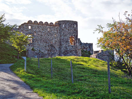 Ruins of the castle Devin located near Bratislava, Slovakia. Road leading upwards between treesの写真素材