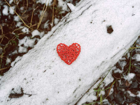 The red wicker heart is on a snow-covered log. There are rotten leaves and grass around.の写真素材