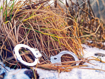 Steel handcuffs are in the yellowed grass. Around there is snow.の写真素材