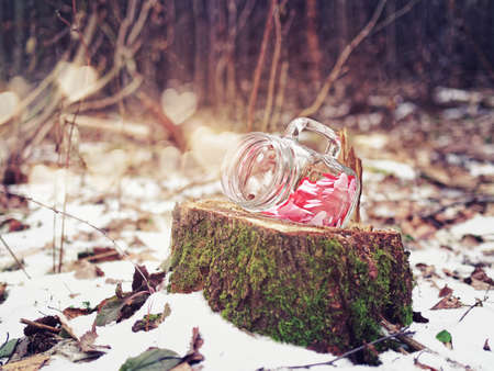 A glass jar with a handle and small hearts of a fabric inside is an old moss-covered stump in an autumn or winter forest. From the vessel fly luminous symbols of love. Fantasy backgroundの写真素材
