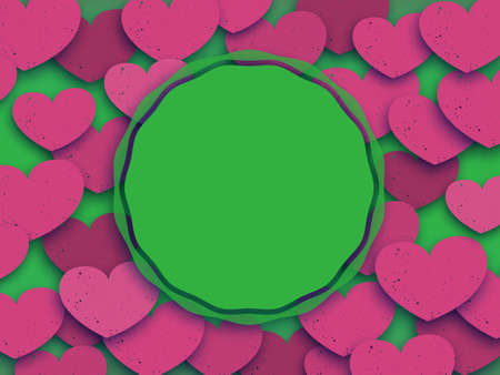 Pink hearts are arranged in a chaotic order on a green background. In the center of the composition is a green figure with an empty space. Abstract vector backgroundのイラスト素材