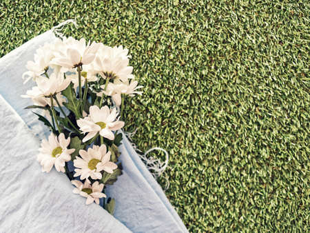 Fresh white chrysanthemums are wrapped in blue linen fabric with untreated edges. Spring green grass...