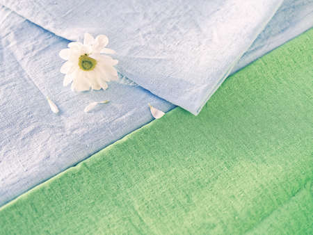 The flower of the white chrysanthemum is covered with a blue linen cloth. Several petals are...