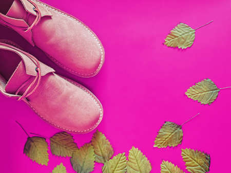 A pair of new leather men's shoes are on a pink background. There are green leaves. Trend background for a shoe store, fashion blog, travel agency. View from aboveの写真素材