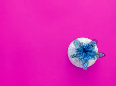 A bouquet of blue-colored pheasant feathers is in a ceramic vase with strips. Violet background. Home decor. There is a place for textの写真素材