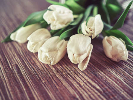 A bunch of white tulips is on the tableの写真素材