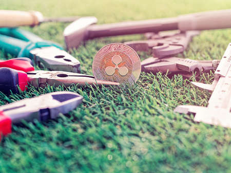 The currency of the crypto currency The ripple is clamped in the pliers against the background of the green grass. There are various tools for manual work from the real worldの写真素材
