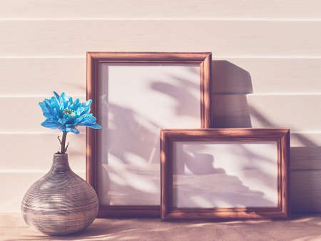 A flower of a blue chrysanthemum or chamomile is in a striped vase. Behind there are two empty wooden frames. White wooden backgroundの写真素材