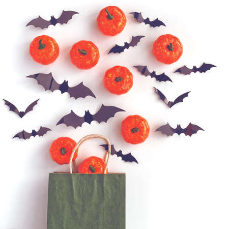 Little pumpkins and bat figures isolated on white background. The bed is a green paper bag with handles for purchases. There is space for text on the left. The image for Halloween.の写真素材