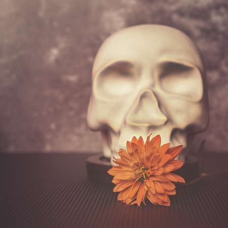 A yellow flower and decorative figure in the form of human skull. Gray cement background with scuffs and cracks.の写真素材