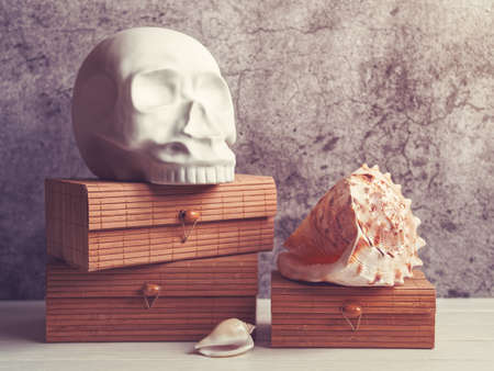 The decorative figure in the form of a human skull is on wooden caskets. Nearby are several seashells. Stone or cement background with cracks.の写真素材